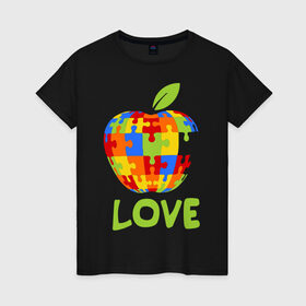 Женская футболка хлопок с принтом Apple пазл в Санкт-Петербурге, 100% хлопок | прямой крой, круглый вырез горловины, длина до линии бедер, слегка спущенное плечо | apple | love apple | люблю эппл | паззлы | яблоко