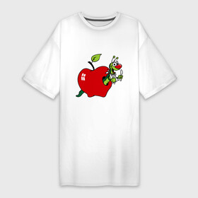 Платье-футболка хлопок с принтом Яблочко с червячком в Санкт-Петербурге,  |  | apple | iphone | джобс | коммуникатор | комуникатор | пятый айфон | телефон | фрукт | червяк | яблоко