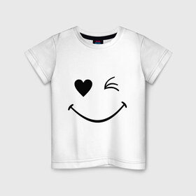 Детская футболка хлопок с принтом Подмигивающий смайлик в Санкт-Петербурге, 100% хлопок | круглый вырез горловины, полуприлегающий силуэт, длина до линии бедер | smile | для девушек | мордочка | позитив | рожица | сердечко | смайл | смайлик | улыбка