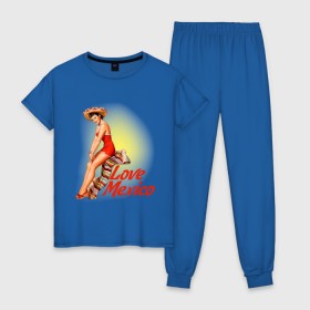 Женская пижама хлопок с принтом Love mexico в Санкт-Петербурге, 100% хлопок | брюки и футболка прямого кроя, без карманов, на брюках мягкая резинка на поясе и по низу штанин | Тематика изображения на принте: america | pin up | retro | америка | винтаж | пин ап | ретро