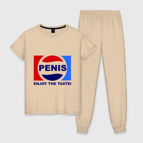 Женская пижама хлопок с принтом Penis. Enjoy the taste в Санкт-Петербурге, 100% хлопок | брюки и футболка прямого кроя, без карманов, на брюках мягкая резинка на поясе и по низу штанин | penis | pepsi | антибренд | пепси