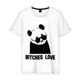 Мужская футболка хлопок с принтом Bitches love в Санкт-Петербурге, 100% хлопок | прямой крой, круглый вырез горловины, длина до линии бедер, слегка спущенное плечо. | панда