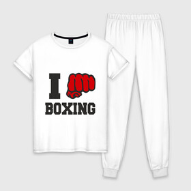 Женская пижама хлопок с принтом i love boxing - я люблю бокс в Санкт-Петербурге, 100% хлопок | брюки и футболка прямого кроя, без карманов, на брюках мягкая резинка на поясе и по низу штанин | sport | боксер | боксировать | кулак | ринг | рука | спорт | спортсмен | удар