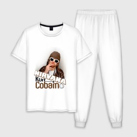 Мужская пижама хлопок с принтом Kurt Cobain в очках в Санкт-Петербурге, 100% хлопок | брюки и футболка прямого кроя, без карманов, на брюках мягкая резинка на поясе и по низу штанин
 | kurt cobain | kurt cobain в очках | nirvana | музыка | нирвана