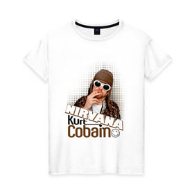 Женская футболка хлопок с принтом Kurt Cobain в очках в Санкт-Петербурге, 100% хлопок | прямой крой, круглый вырез горловины, длина до линии бедер, слегка спущенное плечо | kurt cobain | kurt cobain в очках | nirvana | музыка | нирвана