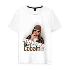 Мужская футболка хлопок с принтом Kurt Cobain в очках в Санкт-Петербурге, 100% хлопок | прямой крой, круглый вырез горловины, длина до линии бедер, слегка спущенное плечо. | Тематика изображения на принте: kurt cobain | kurt cobain в очках | nirvana | музыка | нирвана