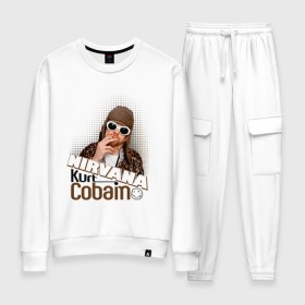 Женский костюм хлопок с принтом Kurt Cobain в очках в Санкт-Петербурге, 100% хлопок | на свитшоте круглая горловина, мягкая резинка по низу. Брюки заужены к низу, на них два вида карманов: два 