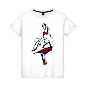 Женская футболка хлопок с принтом Девушка в красном платье в Санкт-Петербурге, 100% хлопок | прямой крой, круглый вырез горловины, длина до линии бедер, слегка спущенное плечо | девушка в красном | девушкам | для девушек | рисунок