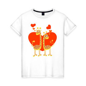 Женская футболка хлопок с принтом ЖИРАФЫ НА СЕРДЦЕ в Санкт-Петербурге, 100% хлопок | прямой крой, круглый вырез горловины, длина до линии бедер, слегка спущенное плечо | Тематика изображения на принте: 14 февраля | african | animals | february 14 | giraffes | hearts | love | lovers | valentines day | африканские | влюблённые | день святого валентина | животные | жирафы | любовь | сердца