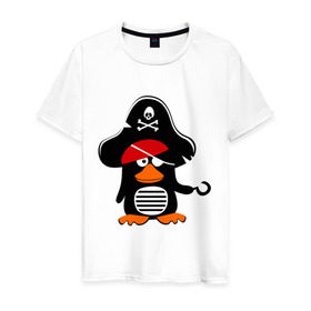 Мужская футболка хлопок с принтом Пингвин - тусовщик в Санкт-Петербурге, 100% хлопок | прямой крой, круглый вырез горловины, длина до линии бедер, слегка спущенное плечо. | Тематика изображения на принте: пингвин | пират