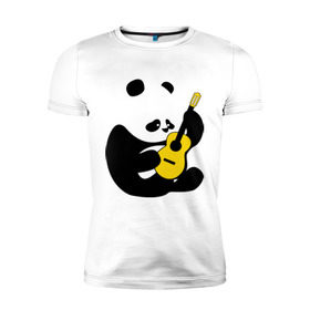 Мужская футболка премиум с принтом Панда играет на гитаре в Санкт-Петербурге, 92% хлопок, 8% лайкра | приталенный силуэт, круглый вырез ворота, длина до линии бедра, короткий рукав | панда