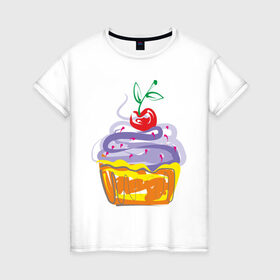 Женская футболка хлопок с принтом кексик в Санкт-Петербурге, 100% хлопок | прямой крой, круглый вырез горловины, длина до линии бедер, слегка спущенное плечо | вишенка | еда | кексик | пироженка | сладости | тортики