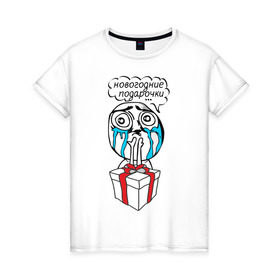 Женская футболка хлопок с принтом Новогодние подарочки в Санкт-Петербурге, 100% хлопок | прямой крой, круглый вырез горловины, длина до линии бедер, слегка спущенное плечо | 2013 | new year | год змеи | змея | мем | новогодние подарочки | новый год | подарки | подарочки