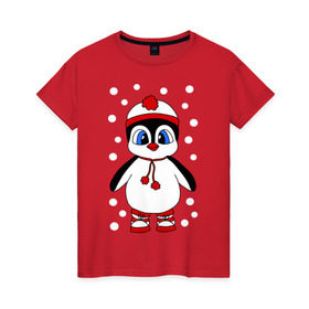 Женская футболка хлопок с принтом Пингвин в снегу в Санкт-Петербурге, 100% хлопок | прямой крой, круглый вырез горловины, длина до линии бедер, слегка спущенное плечо | пингвин
