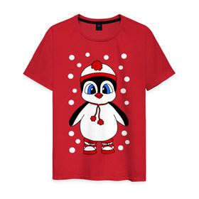 Мужская футболка хлопок с принтом Пингвин в снегу в Санкт-Петербурге, 100% хлопок | прямой крой, круглый вырез горловины, длина до линии бедер, слегка спущенное плечо. | Тематика изображения на принте: пингвин