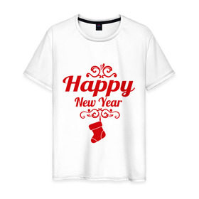 Мужская футболка хлопок с принтом Happy new year, носок в Санкт-Петербурге, 100% хлопок | прямой крой, круглый вырез горловины, длина до линии бедер, слегка спущенное плечо. | Тематика изображения на принте: 2013 | happy new year | new year | год змеи | дед мороз | новый год
