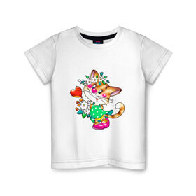 Детская футболка хлопок с принтом КИСКА С СЕРДЕЧКОМ в Санкт-Петербурге, 100% хлопок | круглый вырез горловины, полуприлегающий силуэт, длина до линии бедер | детское | детям | для детей | киса | котенок | кошка