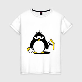Женская футболка хлопок с принтом Пингвин красит в Санкт-Петербурге, 100% хлопок | прямой крой, круглый вырез горловины, длина до линии бедер, слегка спущенное плечо | 