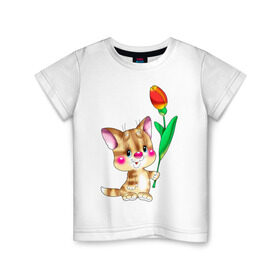 Детская футболка хлопок с принтом КОТ С ТЮЛЬПАНОМ в Санкт-Петербурге, 100% хлопок | круглый вырез горловины, полуприлегающий силуэт, длина до линии бедер | Тематика изображения на принте: детские | животные | звери | зверушка | киса | котенок | котик | цветок | цветочек