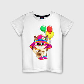 Детская футболка хлопок с принтом КИСКА В ШЛЯПЕ в Санкт-Петербурге, 100% хлопок | круглый вырез горловины, полуприлегающий силуэт, длина до линии бедер | в шляпе | воздушные шарики | детские | животные | звери | зверушка | киса | котенок | шары