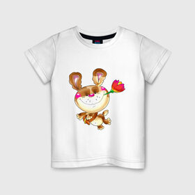 Детская футболка хлопок с принтом МЕДВЕДЬ С ТЮЛЬПАНОМ в Санкт-Петербурге, 100% хлопок | круглый вырез горловины, полуприлегающий силуэт, длина до линии бедер | Тематика изображения на принте: детские | животные | звери | зверушка | медвежонок | мишка | мишутка | цветок | цветочек