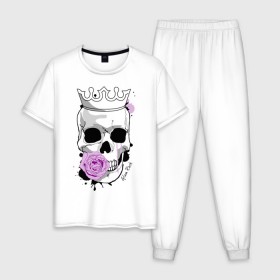 Мужская пижама хлопок с принтом Skull with rose в Санкт-Петербурге, 100% хлопок | брюки и футболка прямого кроя, без карманов, на брюках мягкая резинка на поясе и по низу штанин
 | rock | rose | роза | рок | рок музыка | череп