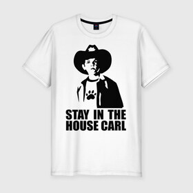 Мужская футболка премиум с принтом Walking dead - stay in the house Carl в Санкт-Петербурге, 92% хлопок, 8% лайкра | приталенный силуэт, круглый вырез ворота, длина до линии бедра, короткий рукав | зомби