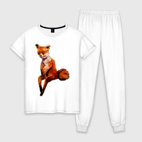 Женская пижама хлопок с принтом Лис в Санкт-Петербурге, 100% хлопок | брюки и футболка прямого кроя, без карманов, на брюках мягкая резинка на поясе и по низу штанин | лиса