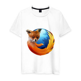 Мужская футболка хлопок с принтом Firefox лис в Санкт-Петербурге, 100% хлопок | прямой крой, круглый вырез горловины, длина до линии бедер, слегка спущенное плечо. | лиса