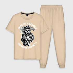 Мужская пижама хлопок с принтом Sons of anarchy logo в Санкт-Петербурге, 100% хлопок | брюки и футболка прямого кроя, без карманов, на брюках мягкая резинка на поясе и по низу штанин
 | скелет | сыны анархии