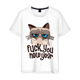 Мужская футболка хлопок с принтом Cat fuck you new year в Санкт-Петербурге, 100% хлопок | прямой крой, круглый вырез горловины, длина до линии бедер, слегка спущенное плечо. | cat | год змеи | интернет приколы | кошка | новый год | новый год 2013 | приколы