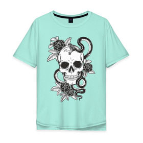 Мужская футболка хлопок Oversize с принтом череп роз в Санкт-Петербурге, 100% хлопок | свободный крой, круглый ворот, “спинка” длиннее передней части | скелет