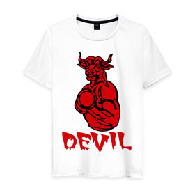 Мужская футболка хлопок с принтом красный дьяволёнок в Санкт-Петербурге, 100% хлопок | прямой крой, круглый вырез горловины, длина до линии бедер, слегка спущенное плечо. | devil | бицепсы | бык | бычара | гантеля | качок | мускулы | силовой спорт