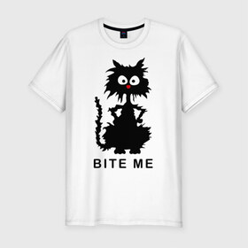 Мужская футболка премиум с принтом Bite me (черный кот) в Санкт-Петербурге, 92% хлопок, 8% лайкра | приталенный силуэт, круглый вырез ворота, длина до линии бедра, короткий рукав | киса | котенок