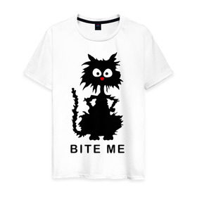 Мужская футболка хлопок с принтом Bite me (черный кот) в Санкт-Петербурге, 100% хлопок | прямой крой, круглый вырез горловины, длина до линии бедер, слегка спущенное плечо. | киса | котенок