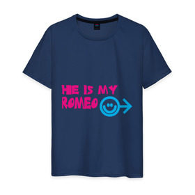 Мужская футболка хлопок с принтом Мой Ромео в Санкт-Петербурге, 100% хлопок | прямой крой, круглый вырез горловины, длина до линии бедер, слегка спущенное плечо. | he is my romeo | для влюбленных | для двоих | для пар | любимая | любимый | любовь | мой ромео | парные | смайлик | стрелка
