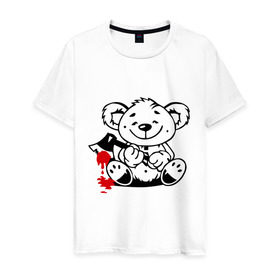 Мужская футболка хлопок с принтом Мишка маньяк в Санкт-Петербурге, 100% хлопок | прямой крой, круглый вырез горловины, длина до линии бедер, слегка спущенное плечо. | животные | кровь | мишка | плюшевый мишка | ужасы