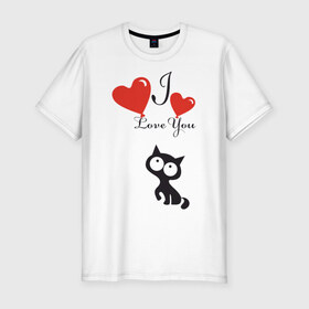Мужская футболка премиум с принтом Люблю котёнка в Санкт-Петербурге, 92% хлопок, 8% лайкра | приталенный силуэт, круглый вырез ворота, длина до линии бедра, короткий рукав | 
