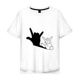 Мужская футболка хлопок Oversize с принтом Тень зайца в Санкт-Петербурге, 100% хлопок | свободный крой, круглый ворот, “спинка” длиннее передней части | Тематика изображения на принте: животные | заяц | театр теней | тень