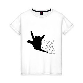 Женская футболка хлопок с принтом Тень зайца в Санкт-Петербурге, 100% хлопок | прямой крой, круглый вырез горловины, длина до линии бедер, слегка спущенное плечо | животные | заяц | театр теней | тень