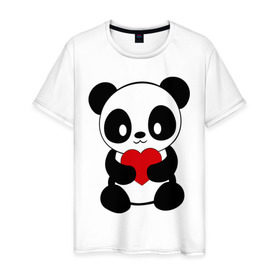 Мужская футболка хлопок с принтом Пандочка с сердцем в Санкт-Петербурге, 100% хлопок | прямой крой, круглый вырез горловины, длина до линии бедер, слегка спущенное плечо. | панда