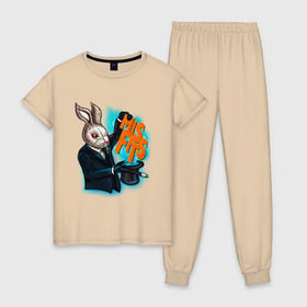 Женская пижама хлопок с принтом Кролик-психопат в Санкт-Петербурге, 100% хлопок | брюки и футболка прямого кроя, без карманов, на брюках мягкая резинка на поясе и по низу штанин | misfits
