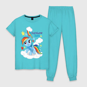 Женская пижама хлопок с принтом Rainbow Dash в Санкт-Петербурге, 100% хлопок | брюки и футболка прямого кроя, без карманов, на брюках мягкая резинка на поясе и по низу штанин | dash | pony | rainbow | rainbow dash | детские | мой маленький пони | пони
