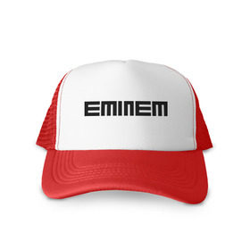 Кепка тракер с сеткой с принтом Eminem black logo в Санкт-Петербурге, трикотажное полотно; задняя часть — сетка | длинный козырек, универсальный размер, пластиковая застежка | хип хоп