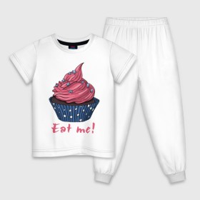 Детская пижама хлопок с принтом Eat me! в Санкт-Петербурге, 100% хлопок |  брюки и футболка прямого кроя, без карманов, на брюках мягкая резинка на поясе и по низу штанин
 | 8 марта | девушкам | корзинка | международный женский день | пирожное | сладости