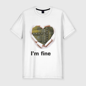 Мужская футболка премиум с принтом Бронированное сердце в Санкт-Петербурге, 92% хлопок, 8% лайкра | приталенный силуэт, круглый вырез ворота, длина до линии бедра, короткий рукав | Тематика изображения на принте: im fine | бронированное сердце | любовь | сердце | я в порядке
