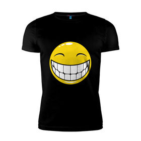 Мужская футболка премиум с принтом Позитивный смайлик (2) в Санкт-Петербурге, 92% хлопок, 8% лайкра | приталенный силуэт, круглый вырез ворота, длина до линии бедра, короткий рукав | Тематика изображения на принте: зубы | настроение | позитив | рожица | смайл | улыбка