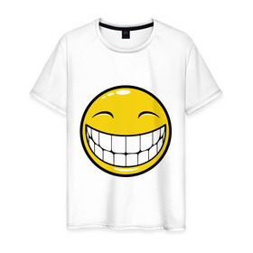 Мужская футболка хлопок с принтом Позитивный смайлик (2) в Санкт-Петербурге, 100% хлопок | прямой крой, круглый вырез горловины, длина до линии бедер, слегка спущенное плечо. | Тематика изображения на принте: зубы | настроение | позитив | рожица | смайл | улыбка