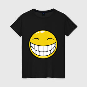 Женская футболка хлопок с принтом Позитивный смайлик (2) в Санкт-Петербурге, 100% хлопок | прямой крой, круглый вырез горловины, длина до линии бедер, слегка спущенное плечо | зубы | настроение | позитив | рожица | смайл | улыбка