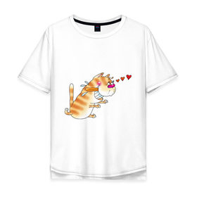 Мужская футболка хлопок Oversize с принтом Люблю свою киску. в Санкт-Петербурге, 100% хлопок | свободный крой, круглый ворот, “спинка” длиннее передней части | Тематика изображения на принте: для влюбленных | для двоих | киса | котяра | любимая | любимый | парные | сердечки | сердца